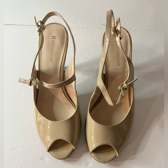 Naturalizer Beige Patent Leather Slingback Peep Toe Heels | Approx. Size 9-9.5 - Picture 5 of 12